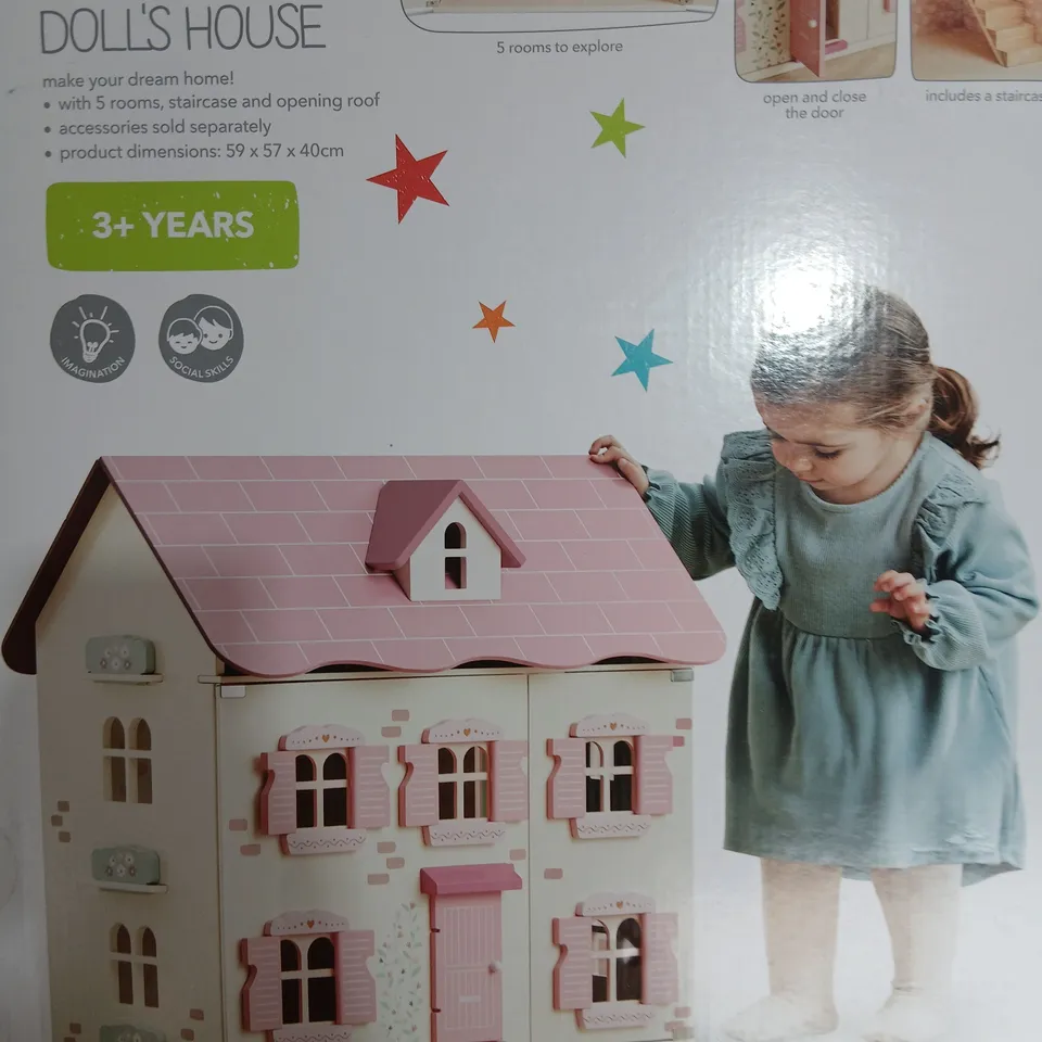 WOODEN DOLLS HOUSE – PINK ROOF, 5 ROOMS, CHILD'S TOY