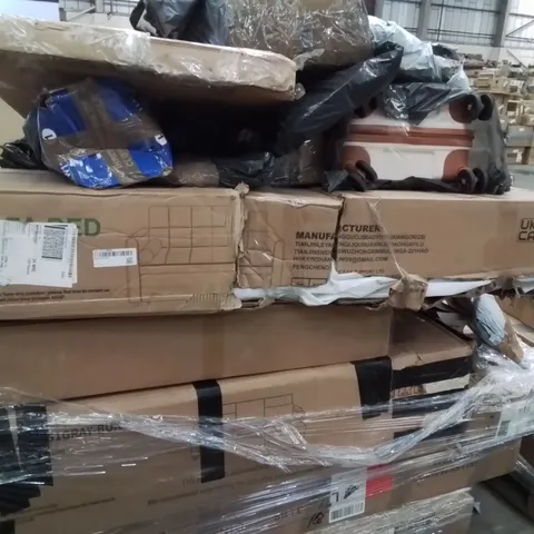 PALLET CONTAINING VARIOUS ASSORTED BOXED HOUSEHOLD RETURNS/ELECTRICAL/GARDEN ITEMS TO INCLUDE: SOFA PARTS, LUGGAGE CASE, CLOTHES AIRER, KIDS SCOOTER,  ARTIFICIAL FLOWER WREATH