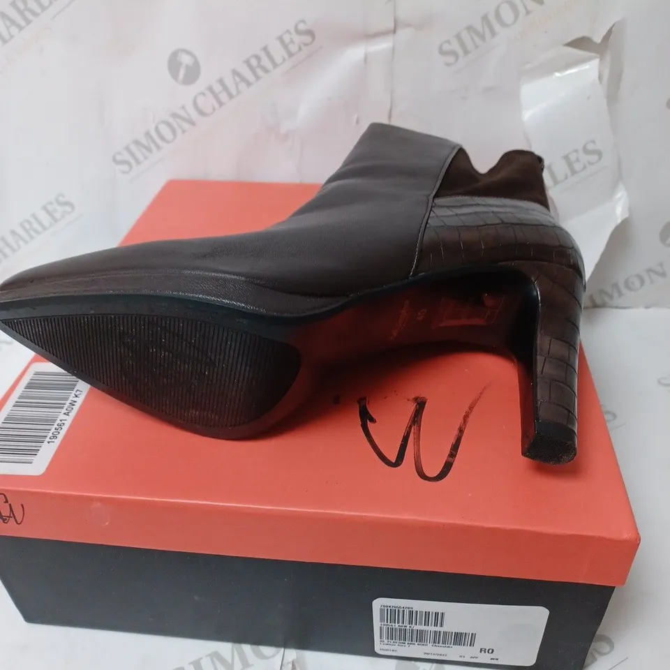 BOXED RUTH LANGSFORD PLATFORM LEATHER ANKLE BOOTS, CHOCOLATE - SIZE 7