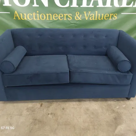 DESIGNER METAL ACTION SOFABED WITH ROLL BOLSTER CUSHIONS NAVY BLUE PLUSH FABRIC