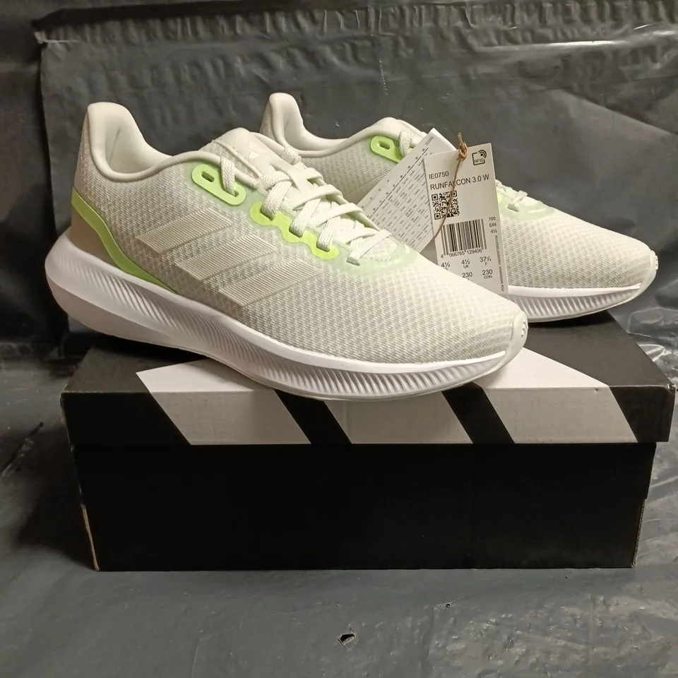 BOXED PAIR OF ADIDAS RUNFALCON 3.0 SHOES IN PALE GREEN SIZE UK 4.5