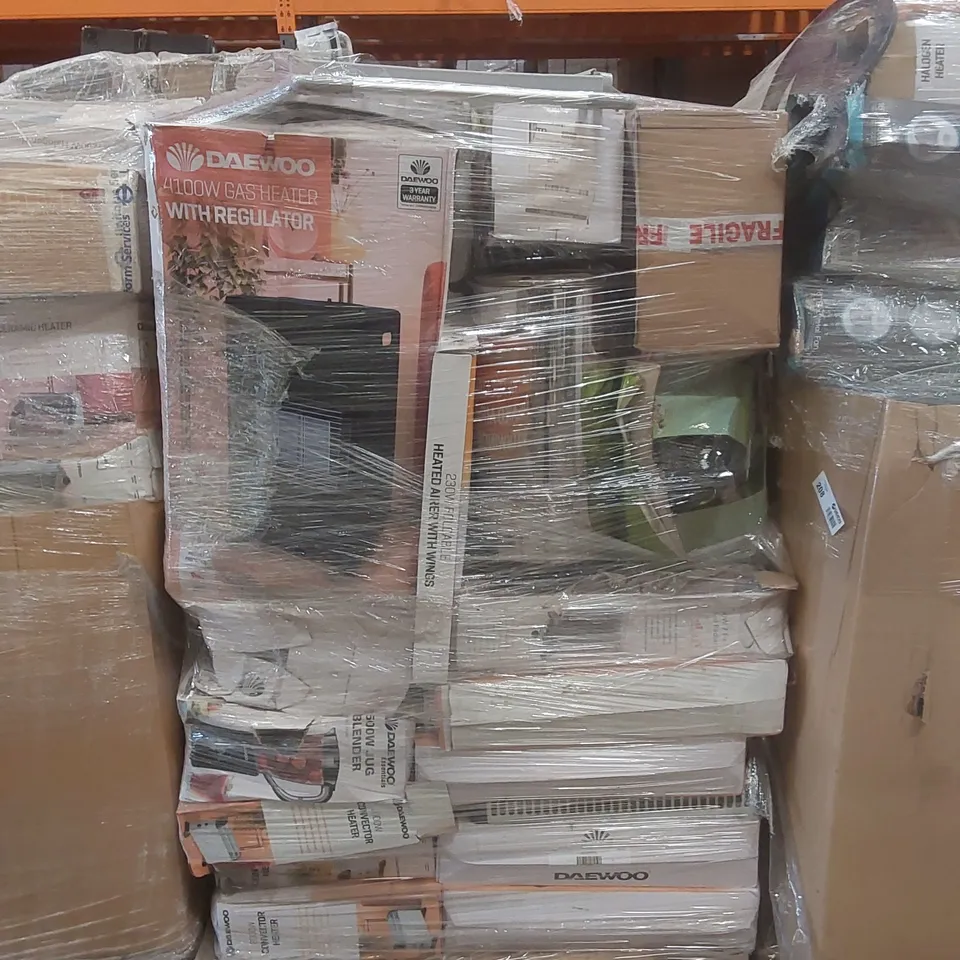 PALLET CONTAINING A VERY LARGE QUANTITY OF ASSORTED ELECTRIC ITEMS INCLUDING: DAEWOO FOLDABLE HEATED AIRER, CONVECTOR HEATERS, JUG BLENDER ECT