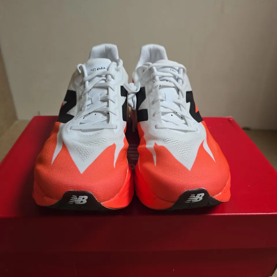 BOXED PAIR OF NEW BALANCE RUNNING SHOES ENERGY ARC, WHITE/ORANGE, UK 11.5