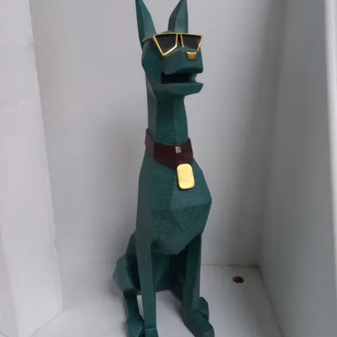 GEOMETRIC TEAL DOG SCULPTURE WITH GOLD SUNGLASSES (WITH GOLD BASE)
