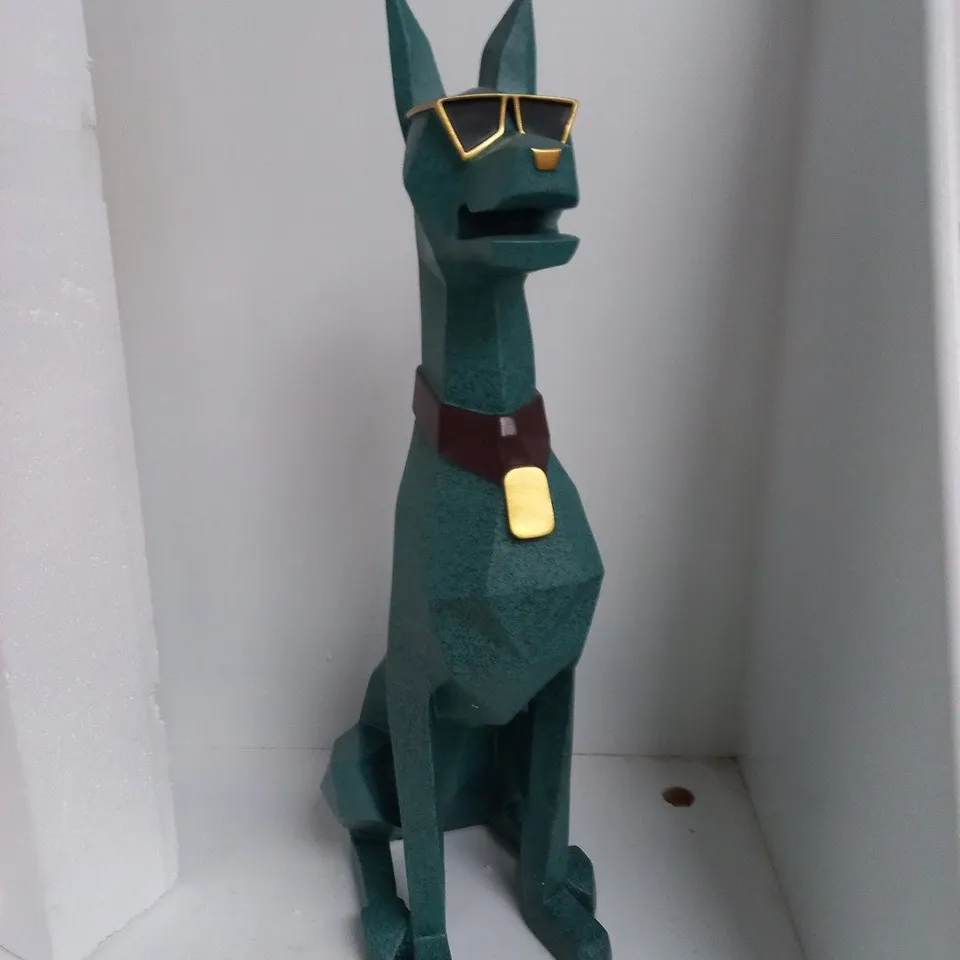 GEOMETRIC TEAL DOG SCULPTURE WITH GOLD SUNGLASSES (WITH GOLD BASE)