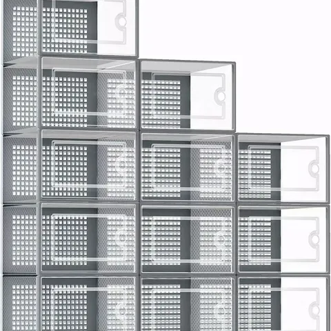 12 X GREY STACKABLE FOLDABLE TRAINERS ORGANISER CLEAR PLASTIC SHOE STORAGE BOX 