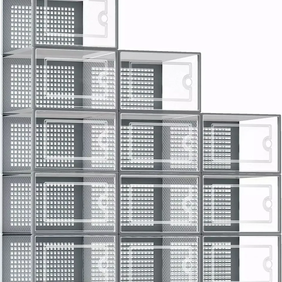12 X GREY STACKABLE FOLDABLE TRAINERS ORGANISER CLEAR PLASTIC SHOE STORAGE BOX 