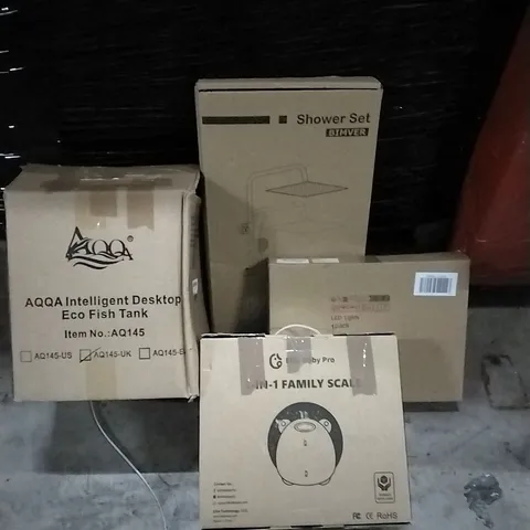 PALLET OF HOUSEHOLD ITEMS TO INCLUDE 3 IN 1 FAMILY SCALE, FISH TANK, LED LIGHTS, SHOWER SET AND OTHER ASSORTED ITEMS...