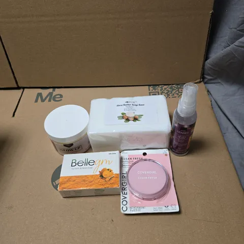 APPROXIMATELY 20 X ASSORTED COSMETIC ITEMS TO INCLUDE SHEA BUTTER SOAP BASE, SOAP, COVER GIRL CLEAN FRESH POWDER, GLOW UP WHITENING CREAM, AVON SENSES BODY MIST ETC