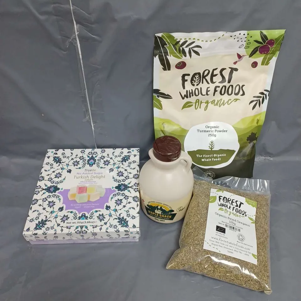LOT OF APPROXIMATELY 8 FOOD AND DRINK ITEMS TO INCLUDE DRIED HARBS AND TURKISH DELIGHT SWEETS