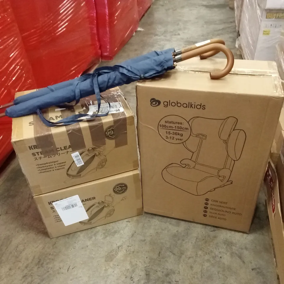 PALLET OF ASSORTED HOUSEHOLD GOODS AND PRODUCTS TO INCLUDE; STEAM CLEANERS, UMBRELLAS, KIDS CAR SEAT ETC