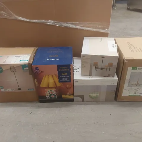 PALLET CONTAINING A VERY LARGE QUANTITY OF ASSORTED DESIGNER LIGHTING PRODUCTS INCLUDING: BELDI TABLE LAMP, CHARLESTON CEILING LIGHT, ESME CHANDELIER ECT