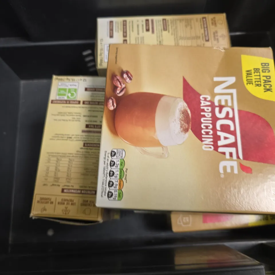 APPROXIMATELY 6 ASSORTED FOOD & DRINK ITEMS TO INCLUDE - LUCOZADE RASPBERRY , CHOCOLATE HAZELNUT , NESCAFE CAPPUCCINO 