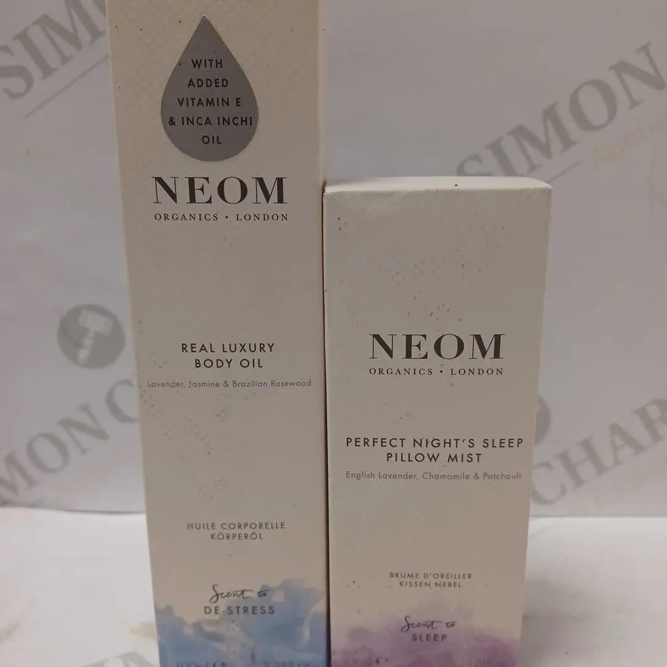 LOT OF 2 NEOM PRODUCTS TO INCLUDE NEOM PERFECT NIGHTS SLEEP PILLOW MIST & REAL LUXURY BODY OIL 