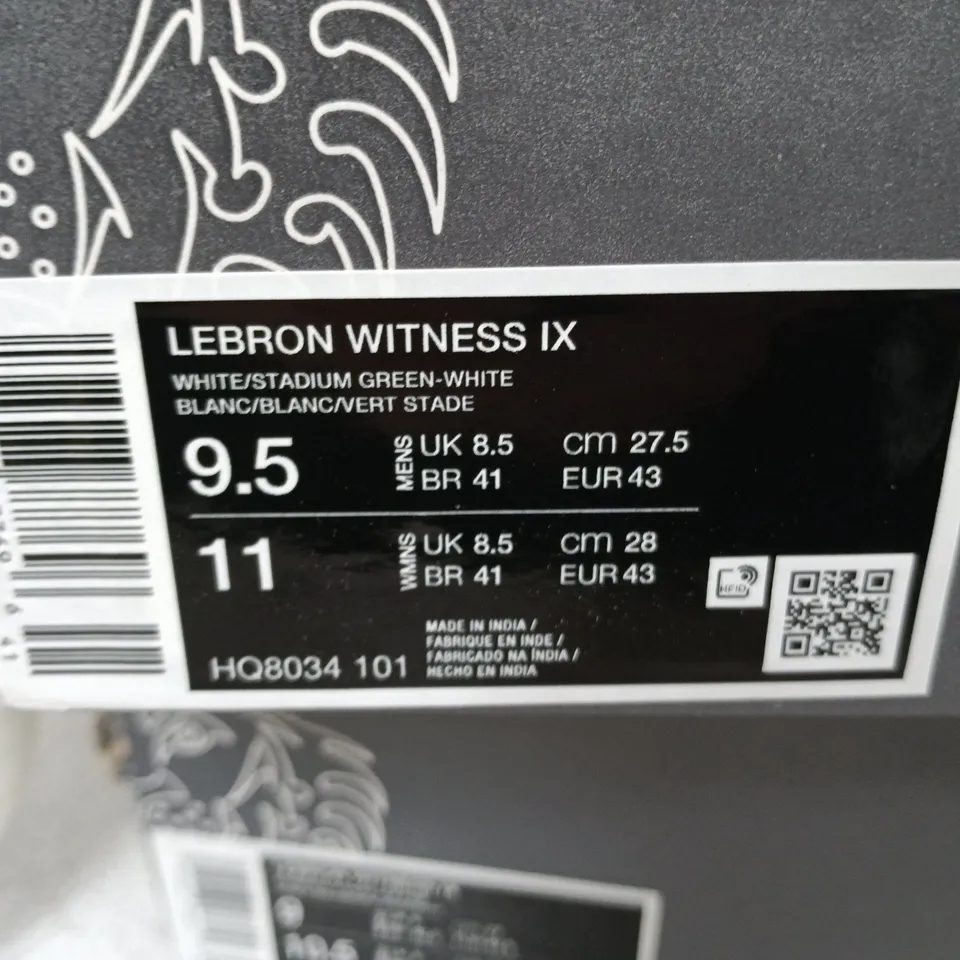 NIKE LEBRON WITNESS IX BASKETBALL SHOES — WHITE/GREEN, UK8.5 (US 9.5)