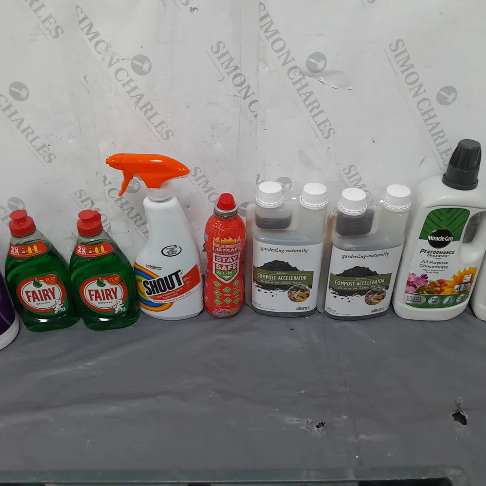 TOTE OF APPROX 10 HOUSEHOLD ITEMS TOO INCLUDE SHOUT STAIN REMOVER, FAIRY WASHING UP LIQUID, AND COMPOST ACCELERATOR ETC. 