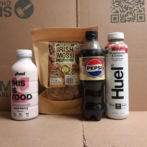 APPROXIMATELY 10 ASSORTED FOOD AND DRINK ITEMS TO INCLUDE HUEL, PEPSI, ETC