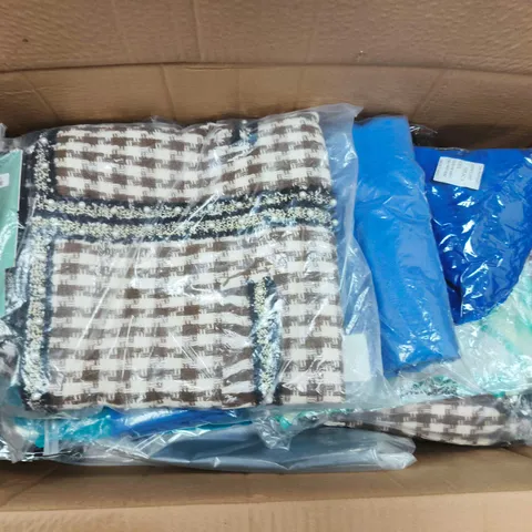 LARGE BOX OF APPROX 20 ASSORTED CLOTHING ITEMS IN VARIOUS STYLES , COLORS AND SIZES 