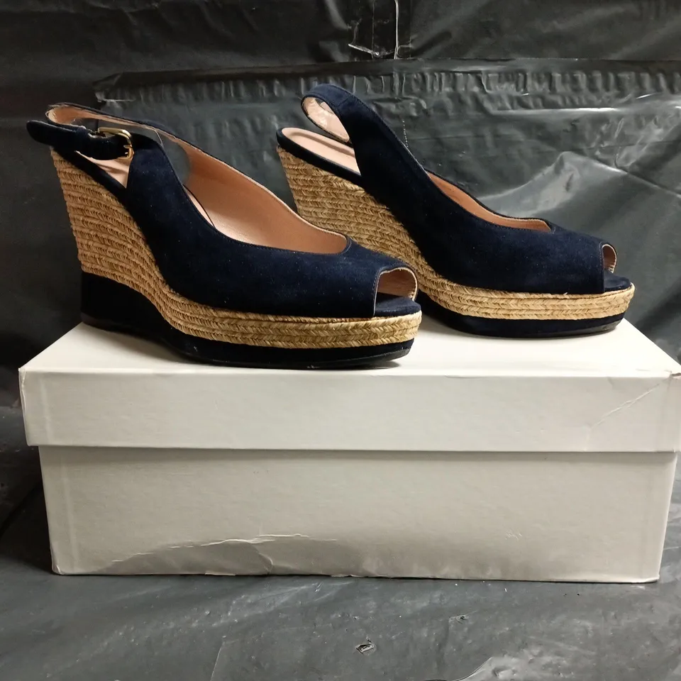 BOXED PAIR OF RUSSELL & BROMLEY PEEP TOE HIGH WEDGE SANDALS IN NAVY SIZE UNSPECIFIED