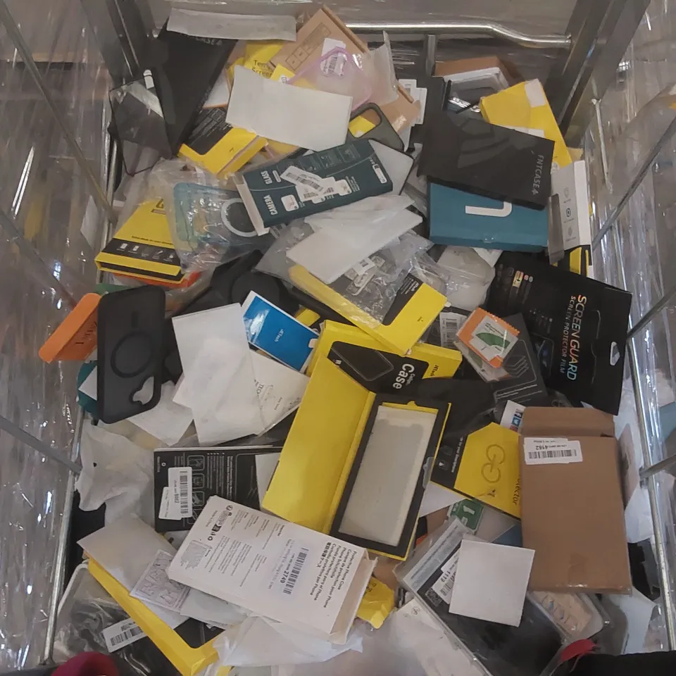 CAGE CONTAINING A VERY LARGE QUANTITY OF ASSORTED PHONE CASES AND SCREEN PROTECTORS // CAGE NOT INCLUDED