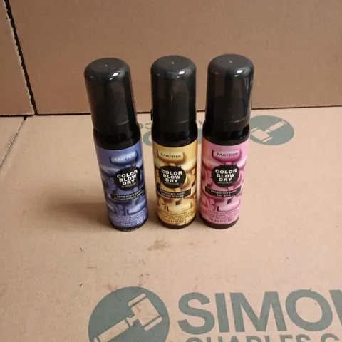 APPROXIMATELY 22 X ASSORTED MATRIX COLOR BLOW DRY HAIR CARE PRODUCTS TO INCLUDE HOT PINK, STONEWASHED DENIM ETC