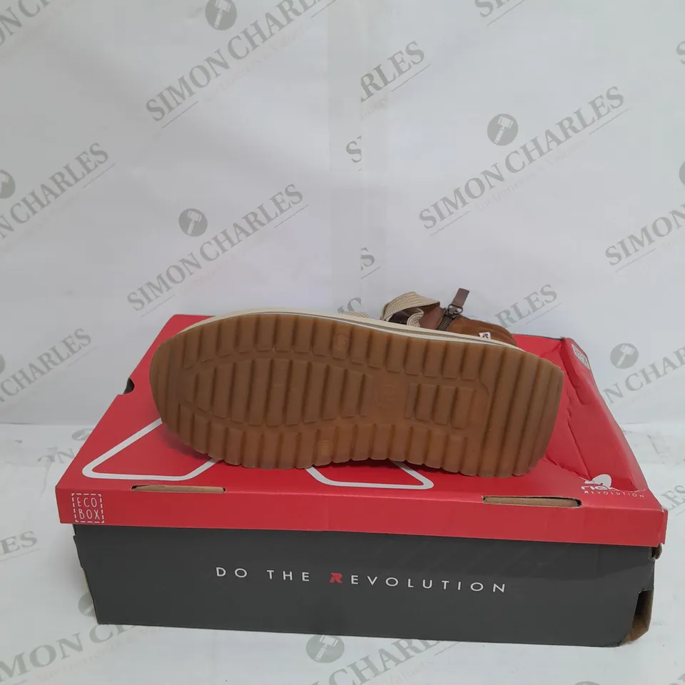 BOXED PAIR OF RIEKER HIGH TOP TRAINERS IN TAN SIZE 5