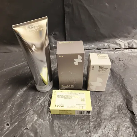 SONS LOT OF 4 ASSORTED HAIRCARE PRODUCTS TO INCLUDE - MINOXIDIL 5% SOLUTION - HAIR VITAMINS - STRENGTHENING SHAMPOO - ETC