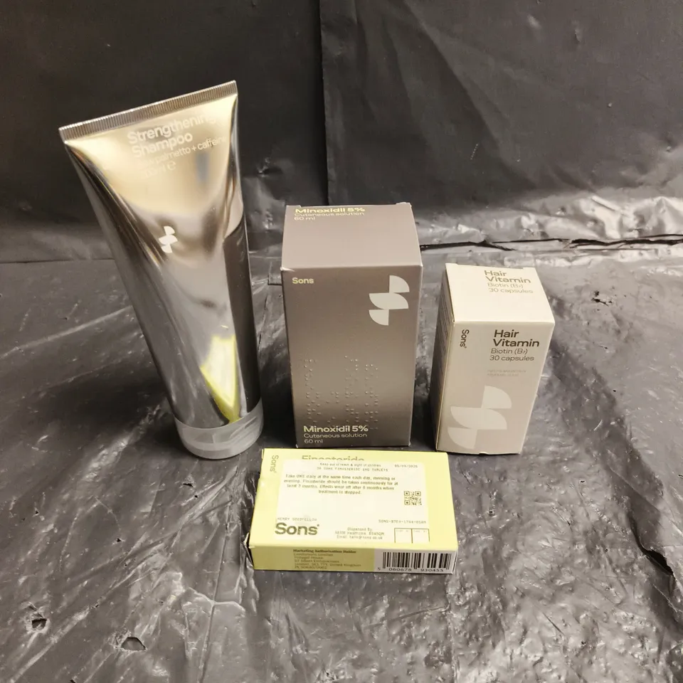 SONS LOT OF 4 ASSORTED HAIRCARE PRODUCTS TO INCLUDE - MINOXIDIL 5% SOLUTION - HAIR VITAMINS - STRENGTHENING SHAMPOO - ETC
