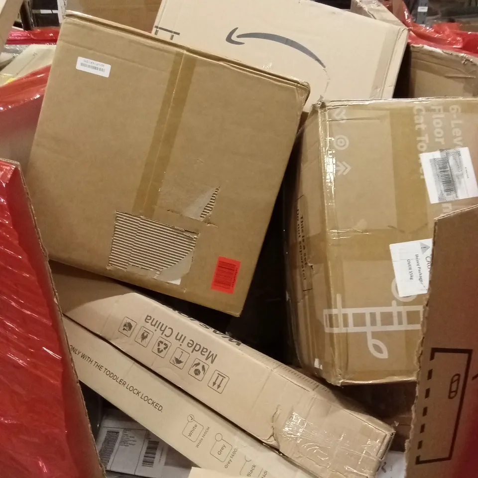 PALLET OF ASSORTED HOUSEHOLD GOODS AND PRODUCTS TO INCLUDE; CEILING LIGHT FAN, TODDLER GATE, PRESSURE WASHER ETC