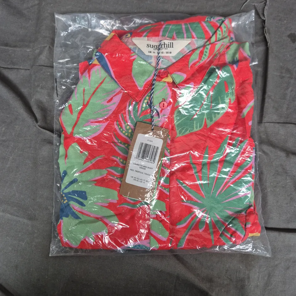 BAGGED SUGARHILL LAURETTA MIDI SHIRT DRESS – RED TROPICAL TOUCAN PRINT, UK 14