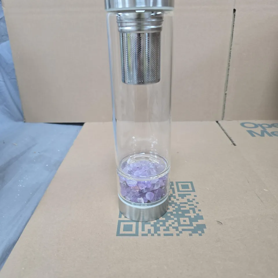 REJUVENATE YOUR BODY & SOUL WATER BOTTLE 450ML WITH STAINLESS STEEL INFUSER AND GREY SLEEVE ASSORTED STONE COLOURS 