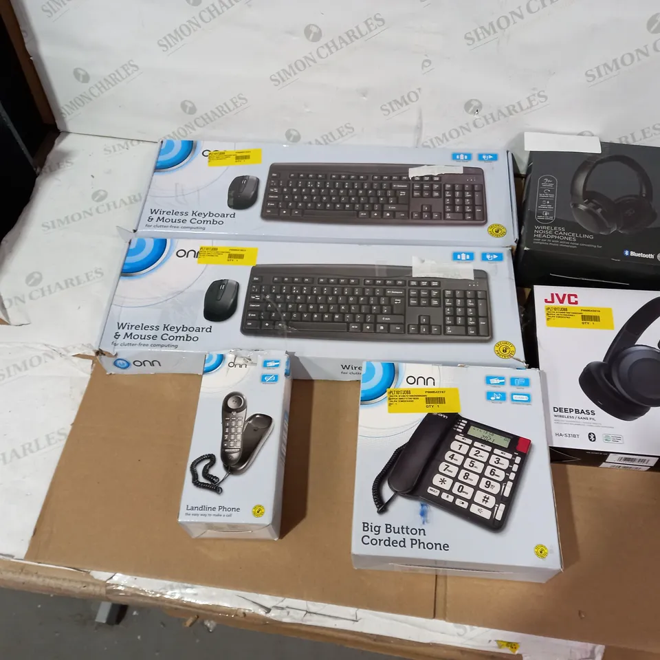 BOX OF APPROXIMATELY 20 ASSORTED ELECTRICAL ITEMS TO INCLUDE ONN CORDED PHONE, JVC HEADPHONES, ONN LANDLINE PHONE ETC