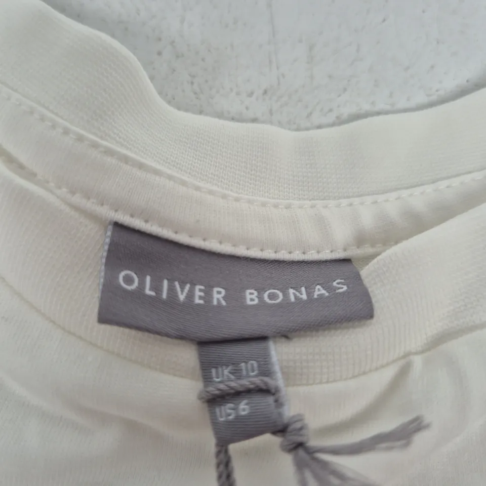 OLIVER BONAS WHITE T-SHIRT WITH DOG ON SCOOTER PRINT, UK 10