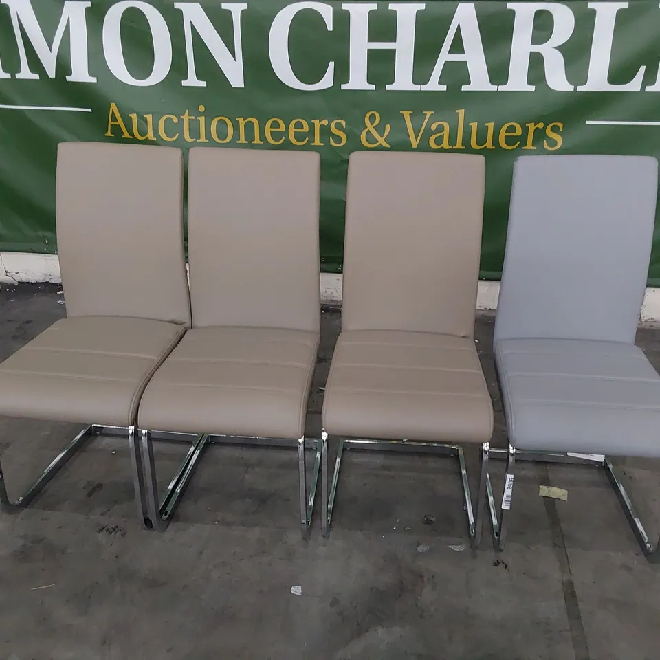 FOUR PU UPHOLSTERED DINING CHAIRS ON CHROME FRAMES