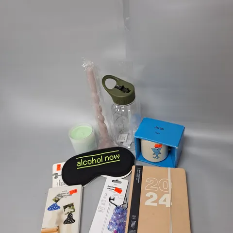 BOX OF ASSORTED HOUSEHOLD ITEMS TO INCLUDE BOTTLES, SLEEPING MASK, NOTEPADS ETC