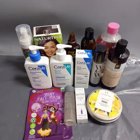 APPROXIMATELY 20 ASSORTED COSMETIC PRODUCTS TO INCLUDE - CERAVE BLEMISH CONTROL CLEANSER - WOW POP&LOCK FRIZZ CONTROL - THE BODY SHOP MANGO BODY BUTTER - ETC 