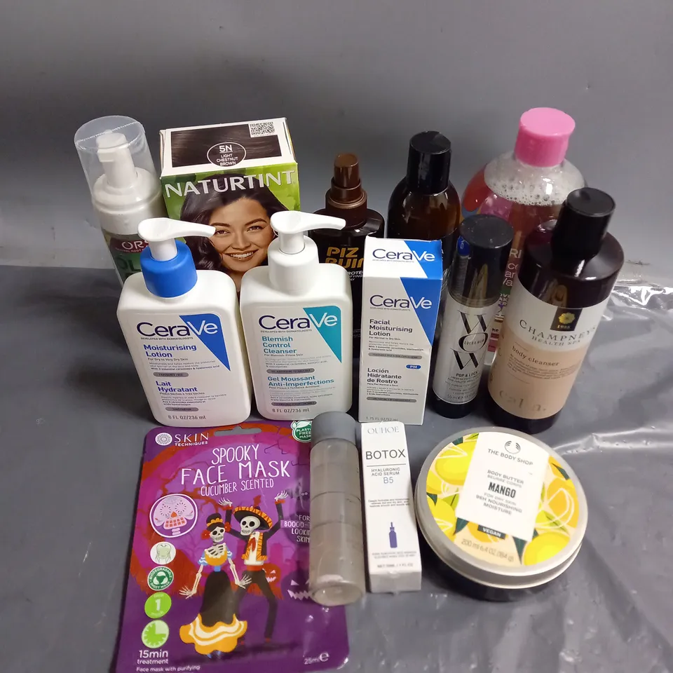APPROXIMATELY 20 ASSORTED COSMETIC PRODUCTS TO INCLUDE - CERAVE BLEMISH CONTROL CLEANSER - WOW POP&LOCK FRIZZ CONTROL - THE BODY SHOP MANGO BODY BUTTER - ETC 