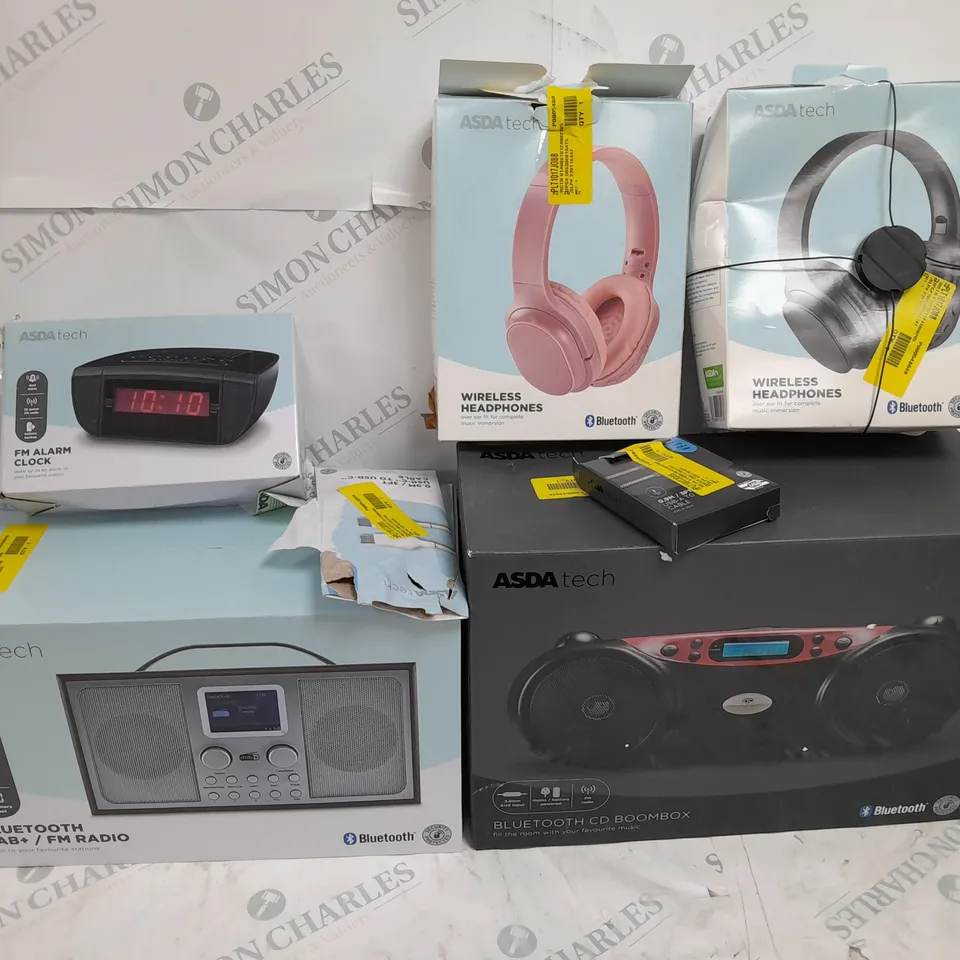 7 ASSORTED ASDA TECH ITEMS INCLUDING BLUETOOTH CD BOOMBOX RED, WIRELESS HEADPHONES
