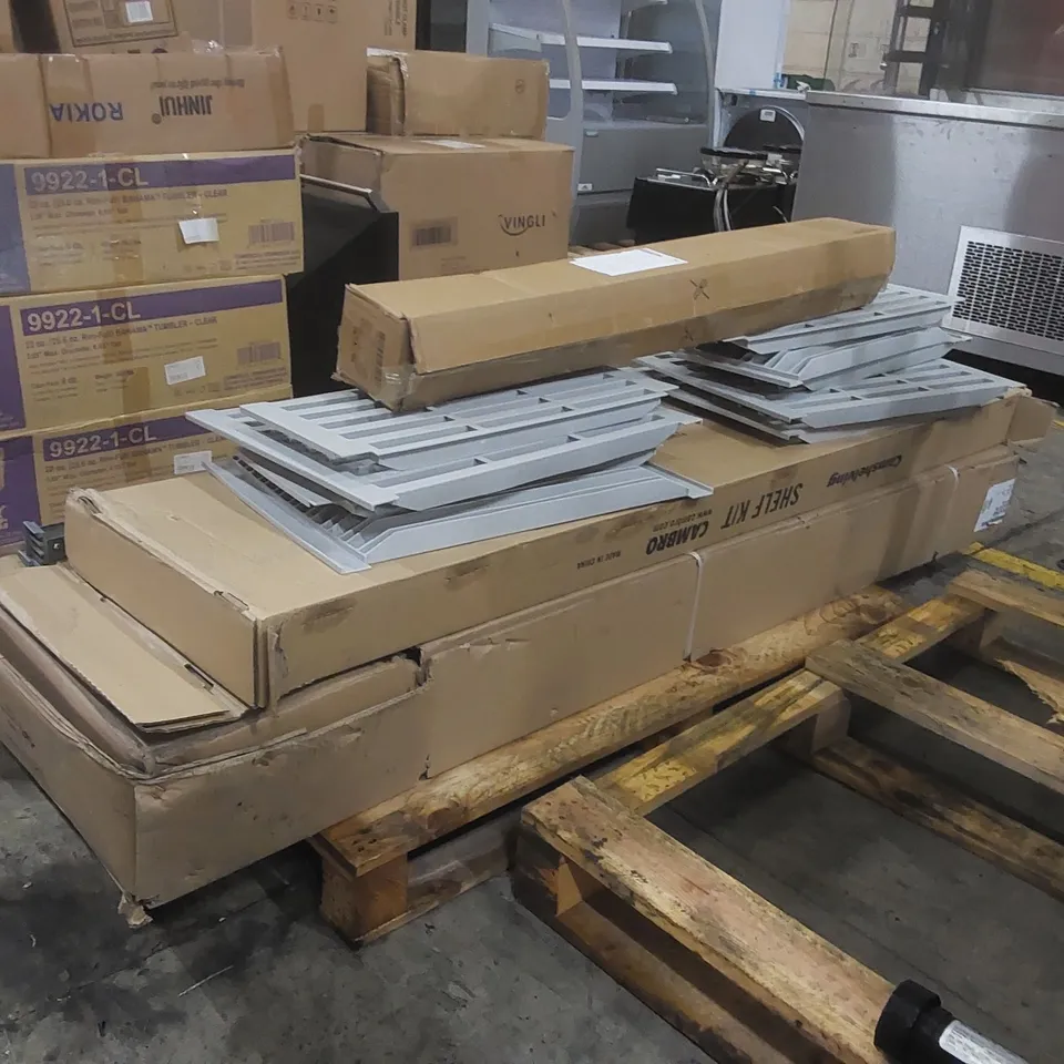 PALLET CONTAINING ASSORTED SHELVING PARTS ECT