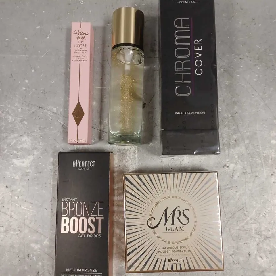 LOT OF 5 ASSORTED COSMETIC PRODUCTS TO INCLUDE - BPERFECT CHROMA COVER MATTE FOUNDATION IN N5 - CHARLOTTE TILBURY LIP LUSTRE IN PILLOW TALK - YVESSAINTLAURENT BLUR PRIMER - ETC