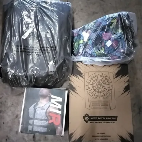 PALLET OF HOUSEHOLD ITEMS TO INCLUDE CAR SEAT COVERS, TOTTO SIFT SHELL LUGGAGE CASE, WEIGHTED VEST AND ELECTRONIC DART BOARD ECT