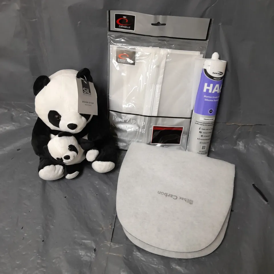 APPROXIMATELY 20 ASSORTED HOUSEHOLD ITEMS TO INCLUDE PANDA DOORSTOP, SEALANT, ZIP UP SWEATER BAG, ETC