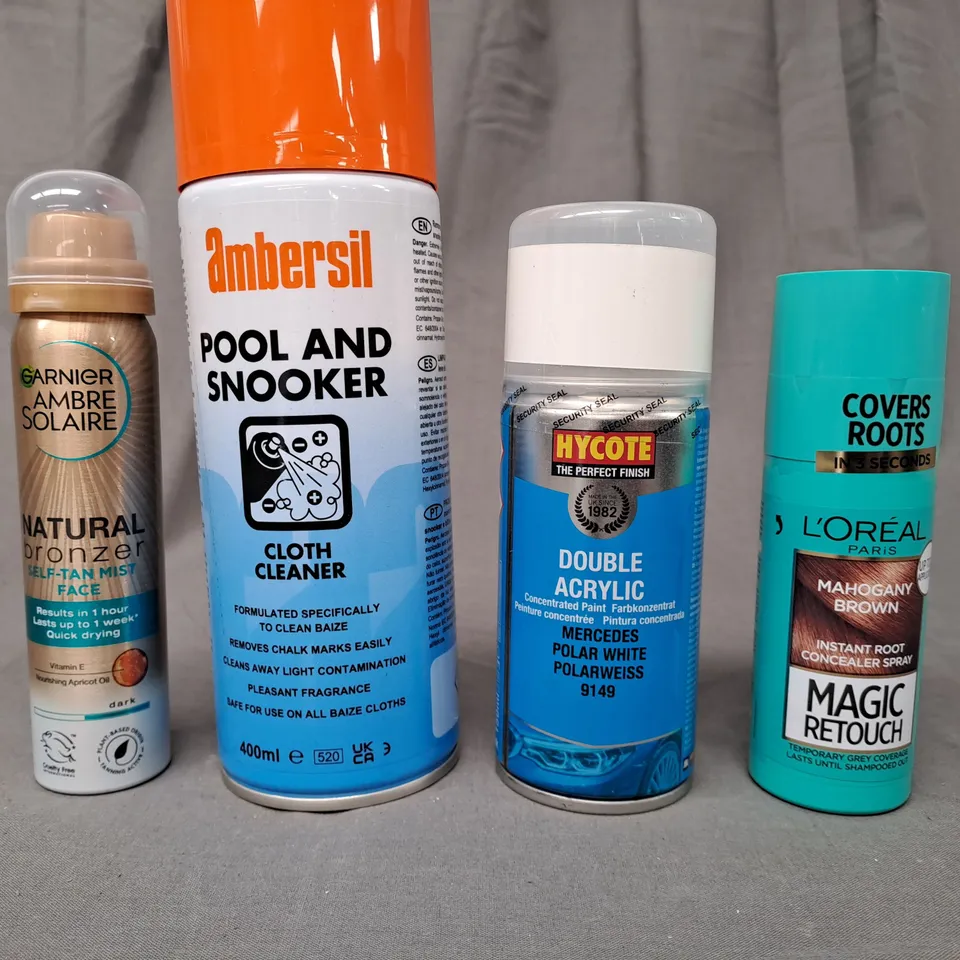 APPROXIMATELY 10 ASSORTED AEROSOL ITEMS IN INCLUDE CLOTH CLEANER, SPRAY PAINT, CONCEALER SPRAY, ETC - COLLECTION ONLY