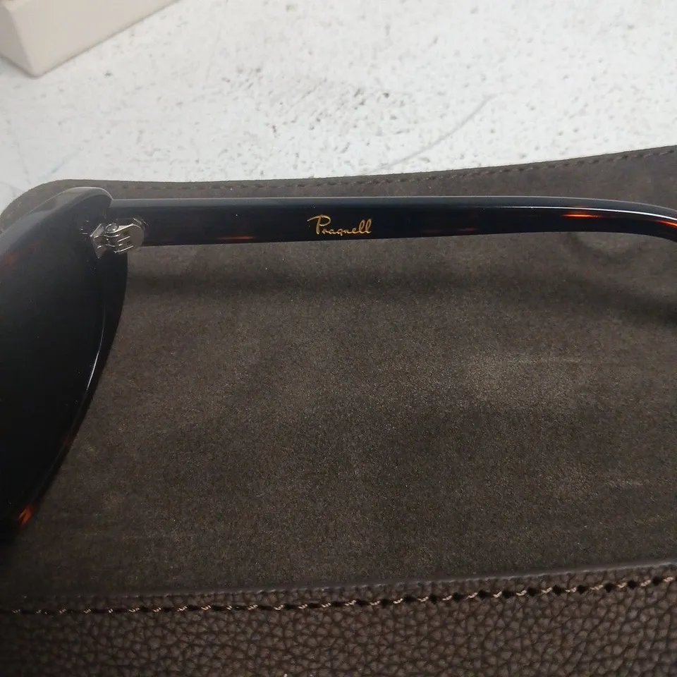 PRAGNELL SUNGLASSES - BLACK TORTOISESHELL FRAME WITH GOLD LOGO ON TEMPLE, WITH BROWN LEATHER CASE