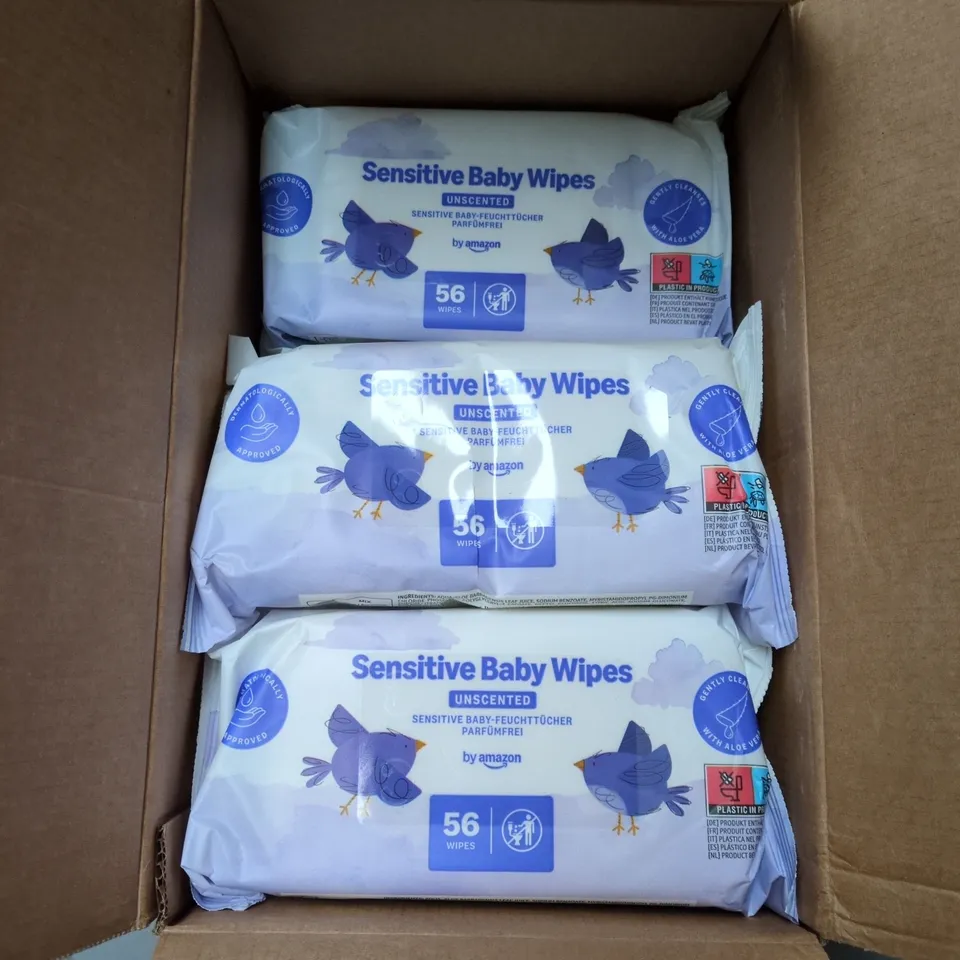 BOX OF APPROXIMATELY 18 PACKS OF UNSCENTED SENSITIVE BABY WIPES - 56 WIPES PER PACK
