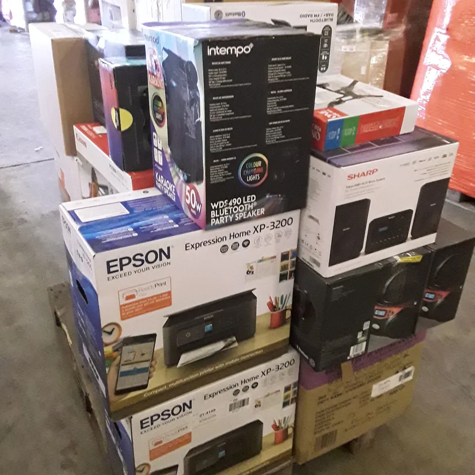 PALLET OF ASSORTED ELECTRONIC PRODUCTS INCLUDING PRINTERS, BLUETOOTH RADIOS, CD BOOMBOXES