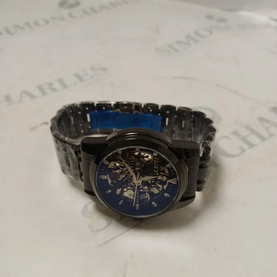 MEN’S TALIS CO 7820 AUTOMATIC WATCH – BLACK SKELETON DIAL AND CASE – STAINLESS STEEL STRAP – GLASS BACKCASE