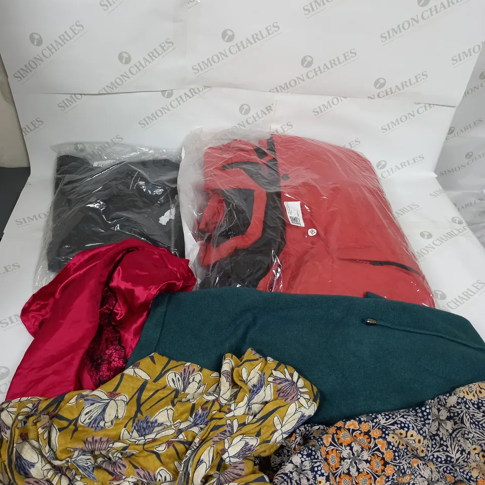 LARGE BOX OF ASSORTED CLOTHING ITEMS IN VARIOUS COLOURS AND SIZES INCLUDING TROUSERS , TOPS AND JUMPERS 