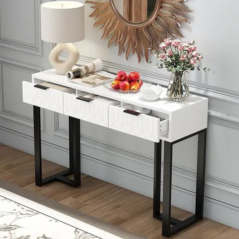 BOXED MODERN CONSOLE TABLE WHITE+BLACK 36×80×120CM WITH DRAWERS, GOLD FRAME, ADJUSTABLE FOOTRESTS AND ELEGANT HANDLES