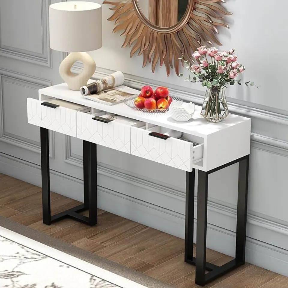 BOXED MODERN CONSOLE TABLE WHITE+BLACK 36×80×120CM WITH DRAWERS, GOLD FRAME, ADJUSTABLE FOOTRESTS AND ELEGANT HANDLES
